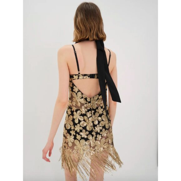 For Love And Lemons gold black sheer glitter sequin fringe Colette mini dress - Picture 2 of 6